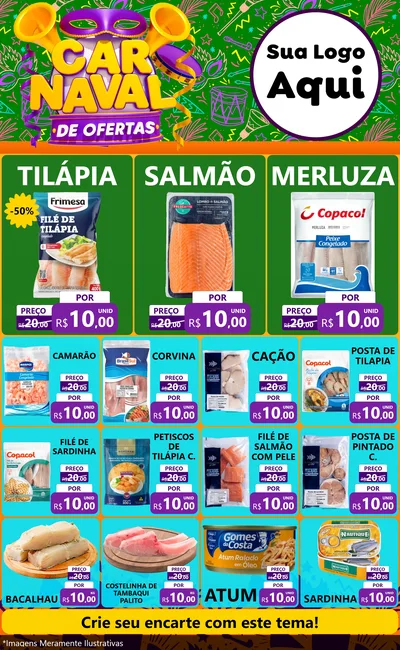 Modelo de Encarte para Encarte Grande com o tema Carnaval de Ofertas para Peixaria