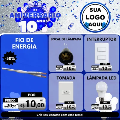 Modelo de Rede Social para Feed Facebook com o tema Promoção de Aniversário - 10 Anos para Materiais Elétricos