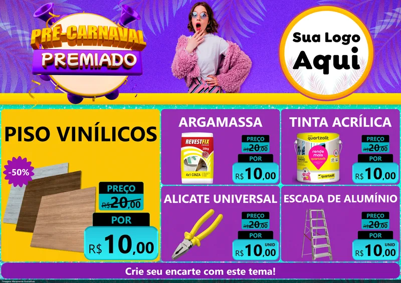Modelo de Encarte para Encarte A4 Horizontal com o tema Pré-Carnaval Premiado para Material para Construção