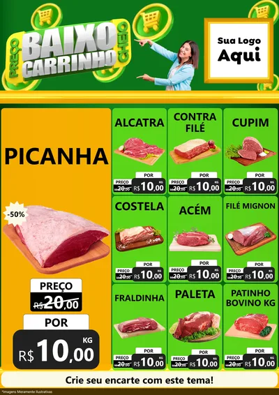Modelo de Encarte para Encarte A4 Vertical com o tema Preço Baixo Carrinho Cheio para Açougue