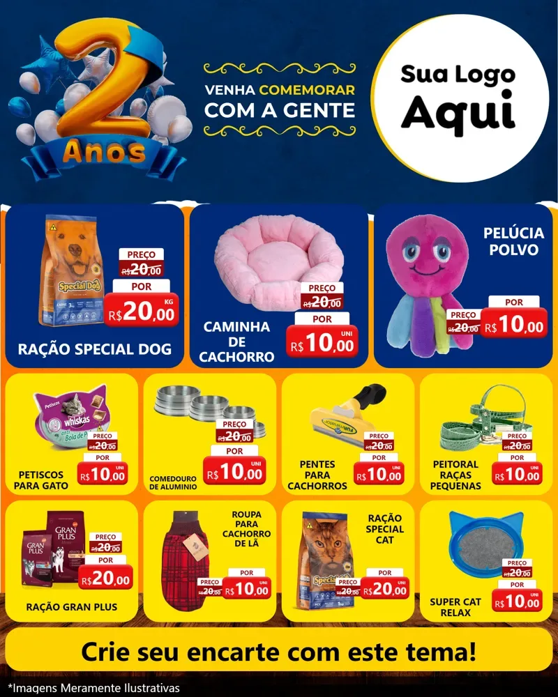 Modelo de Rede Social para Feed Instagram com o tema Aniversário de 2 anos para Pet Shop