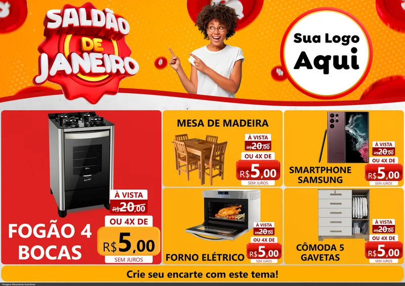 Modelo de Encarte para Encarte A4 Horizontal com o tema Saldão de Janeiro para Móveis e Eletro