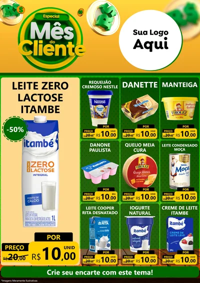 Modelo de Encarte para Encarte A4 Vertical com o tema Especial Mês do Cliente para Frios e Laticínios