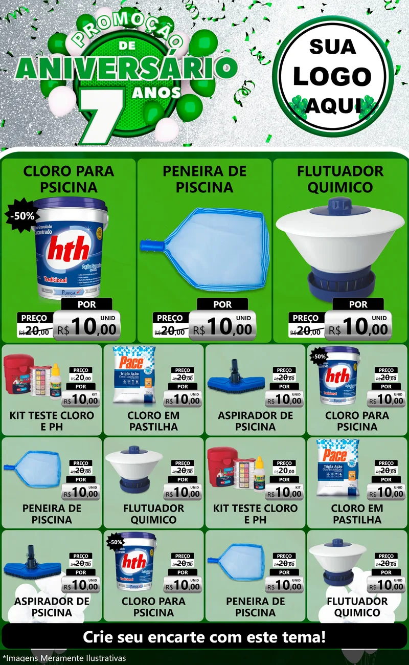Modelo de Encarte para Encarte Grande com o tema Promoção de Aniversário - 7 Anos para Produtos para Piscina