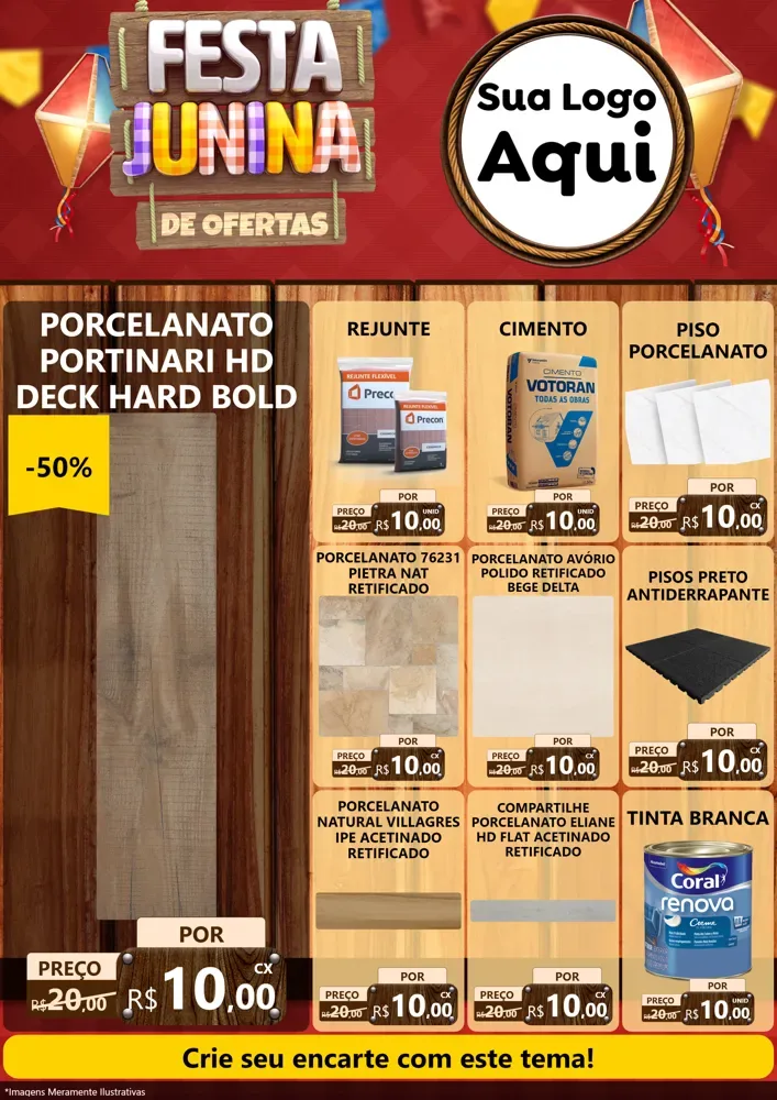 Modelo de Encarte para Encarte A4 Vertical com o tema Festa Junina de Ofertas para Pisos e revestimentos