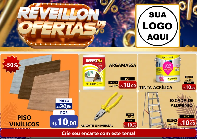 Modelo de Encarte para Encarte A4 Horizontal com o tema Réveillon de Ofertas para Material para Construção