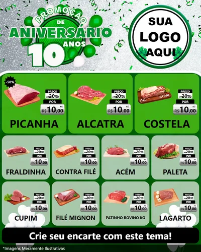 Modelo de Rede Social para Feed Instagram com o tema Promoção de Aniversário - 10 Anos para Açougue