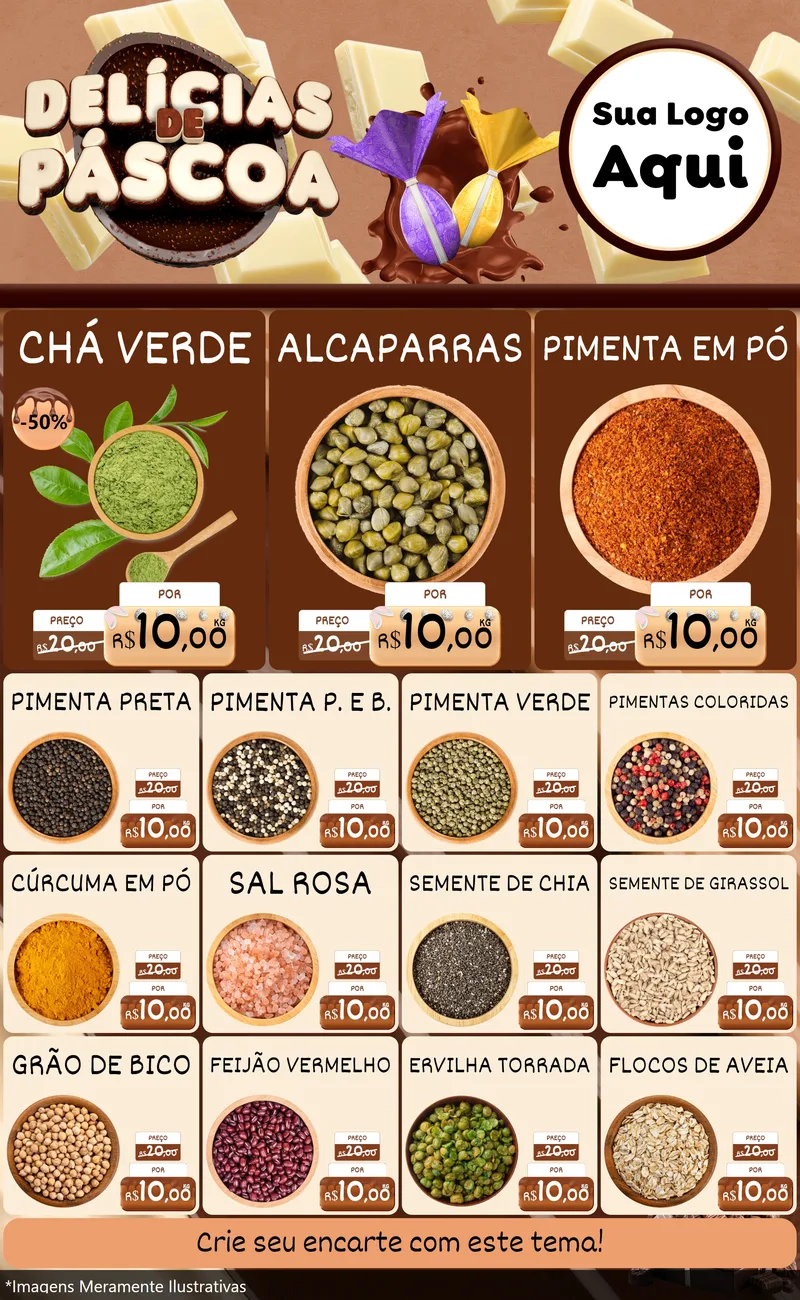 Modelo de Encarte para Encarte Grande com o tema Delícias de Páscoa para Produtos Naturais