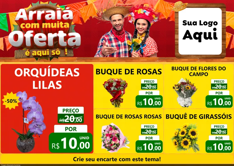 Modelo de Encarte para Encarte A4 Horizontal com o tema Arraiá Com Muita Oferta - É Aqui Sô! para Floricultura e jardim