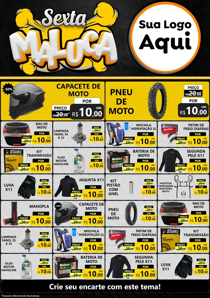 Modelo de Encarte para Encarte A4 Vertical com o tema Sexta Maluca para Moto peças