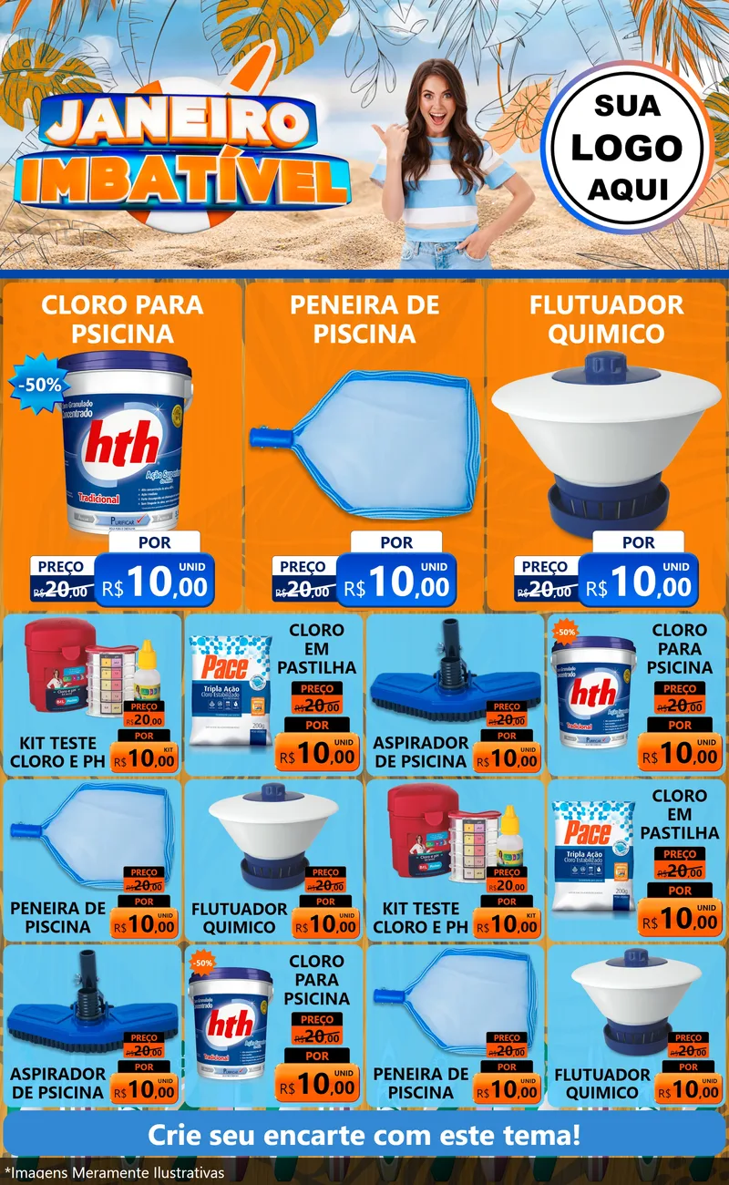 Modelo de Encarte para Encarte Grande com o tema Janeiro Imbatível para Produtos para Piscina