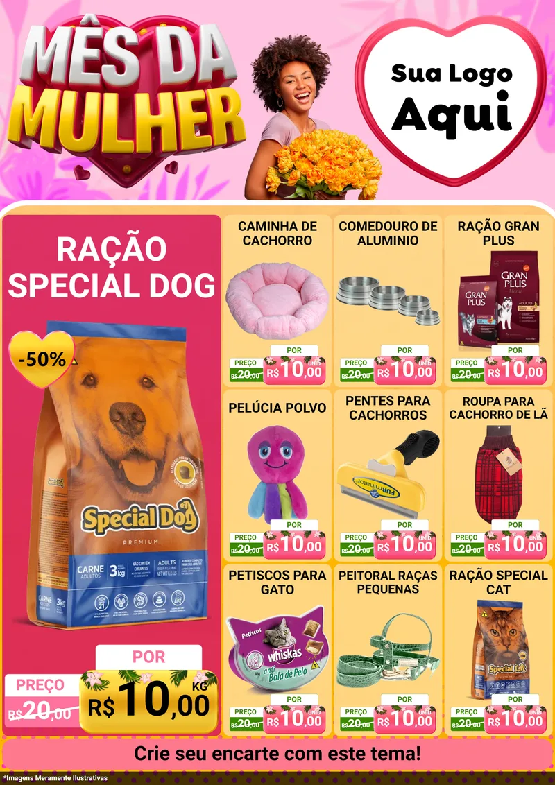 Modelo de Encarte para Encarte A4 Vertical com o tema Mês da Mulher para Pet Shop