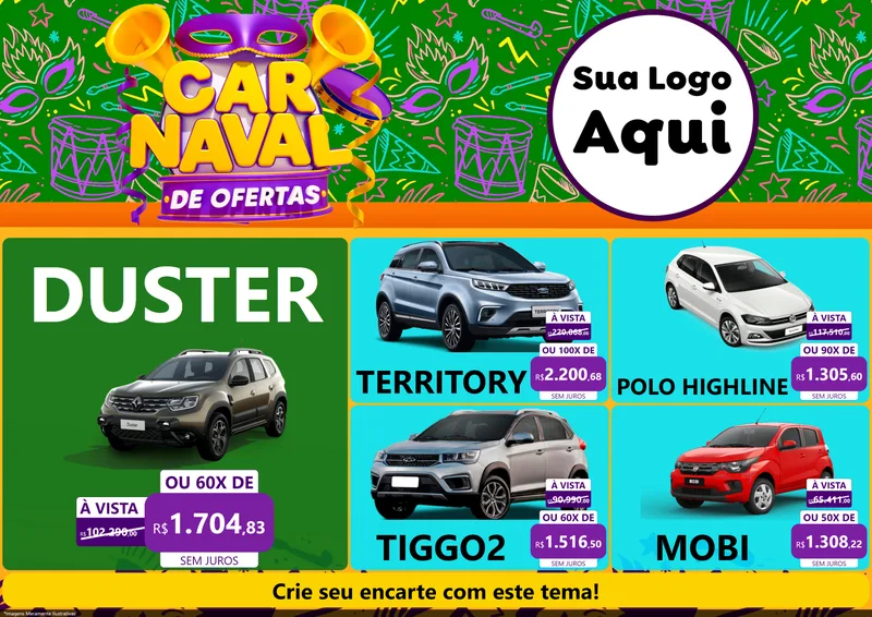 Modelo de Encarte para Encarte A4 Horizontal com o tema Carnaval de Ofertas para Concessionaria de Carros