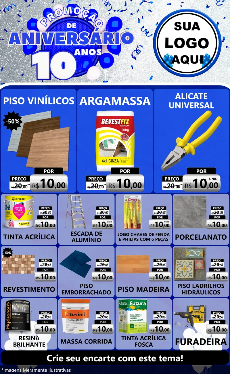 Modelo de Encarte para Encarte Grande com o tema Promoção de Aniversário - 10 Anos para Material para Construção