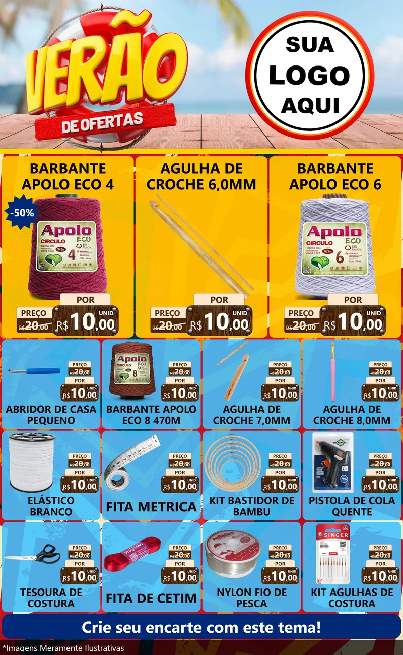 Modelo de Encarte para Encarte Grande com o tema Verão de Ofertas para Armarinho e Aviamentos