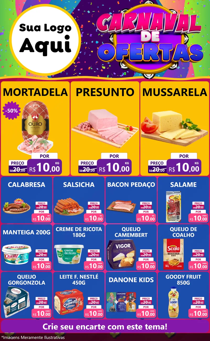 Modelo de Encarte para Encarte Grande com o tema Carnaval de Ofertas para Frios e Laticínios