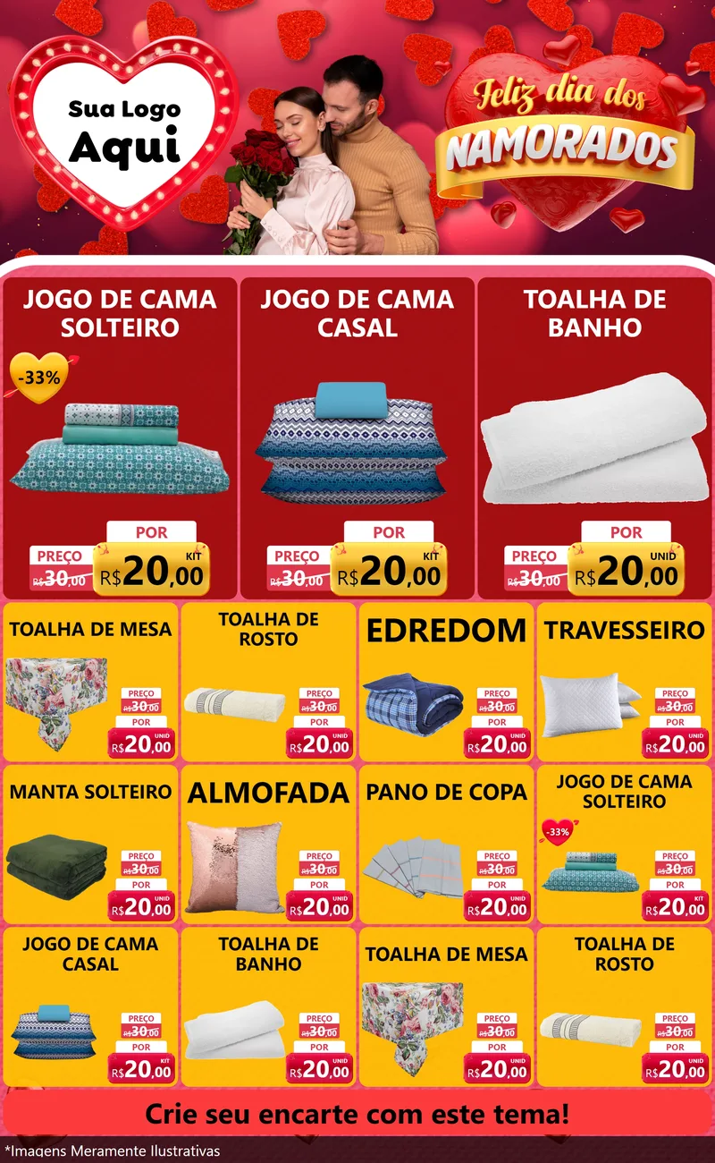 Modelo de Encarte para Encarte Grande com o tema Feliz Dia Dos Namorados para Cama, Mesa e Banho
