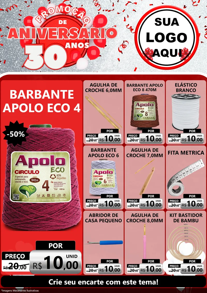 Modelo de Encarte para Encarte A4 Vertical com o tema Promoção de Aniversário - 30 Anos para Armarinho e Aviamentos