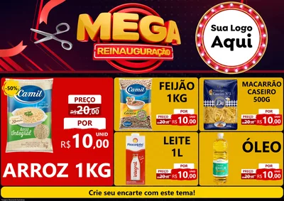 Modelo de Encarte para Encarte A4 Horizontal com o tema Mega Reinauguração para Supermercado