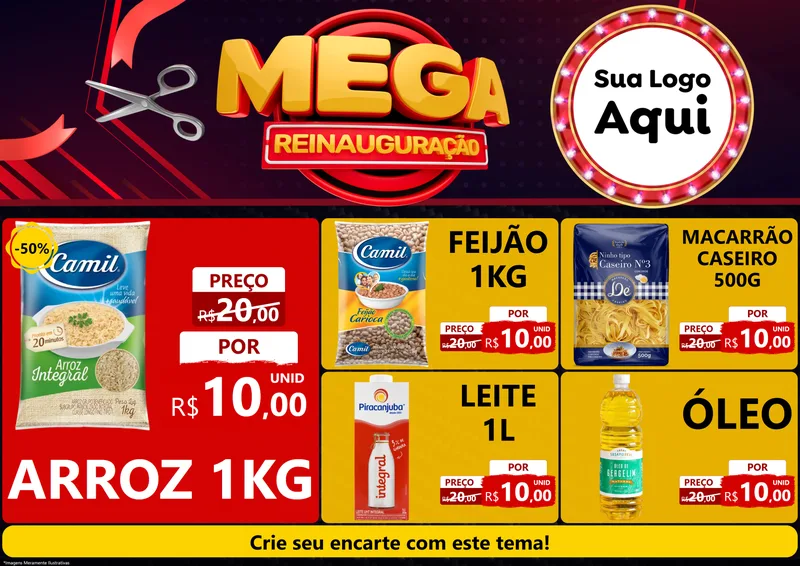 Modelo de Encarte para Encarte A4 Horizontal com o tema Mega Reinauguração para Supermercado