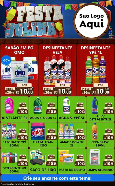 Modelo de Encarte para Encarte Grande com o tema Festa Julina para Produtos de Limpeza