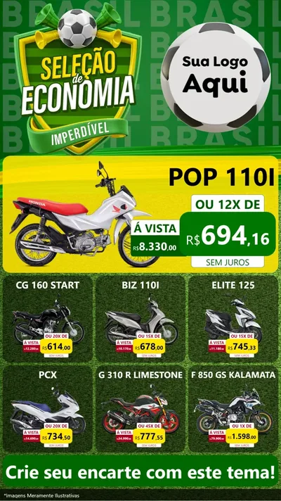 Modelo de Rede Social para Stories com o tema Seleção de Economia - Copa para Concessionaria de Motos