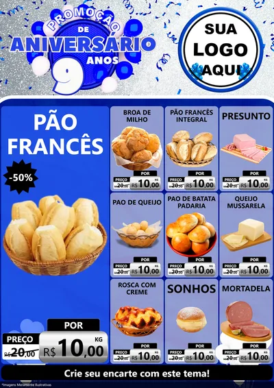 Modelo de Encarte para Encarte A4 Vertical com o tema Promoção de Aniversário - 9 Anos para Padaria