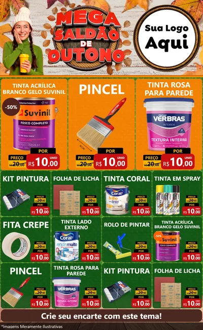 Modelo de Encarte para Encarte Grande com o tema Mega Saldão de Outono para Tintas e Ferramentas