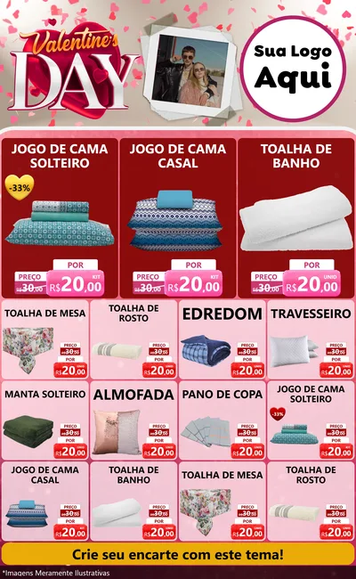 Modelo de Encarte para Encarte Grande com o tema Valentine's Day para Cama, Mesa e Banho