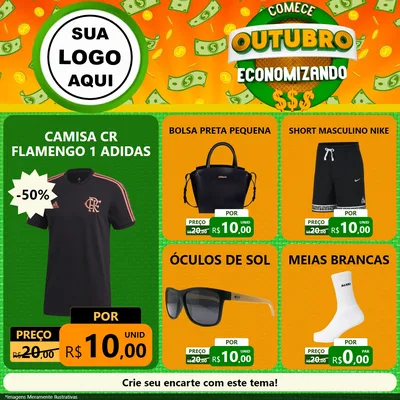 Modelo de Rede Social para Feed Facebook com o tema Comece Outubro Economizando para Roupas e acessórios