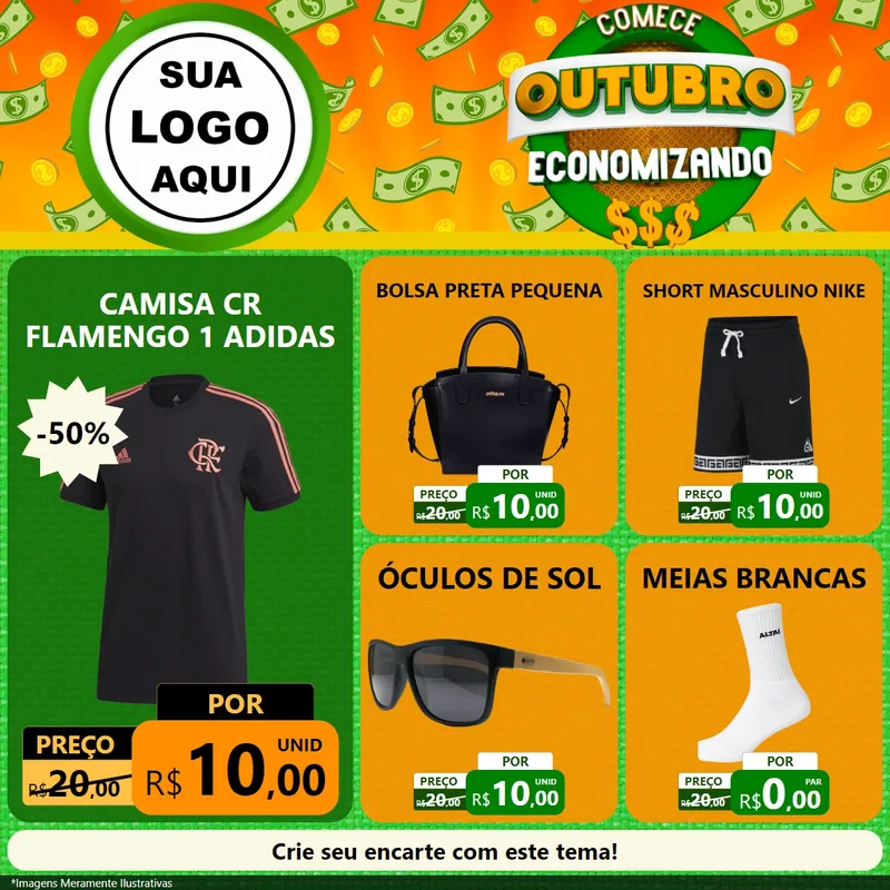 Modelo de Rede Social para Feed Facebook com o tema Comece Outubro Economizando para Roupas e acessórios