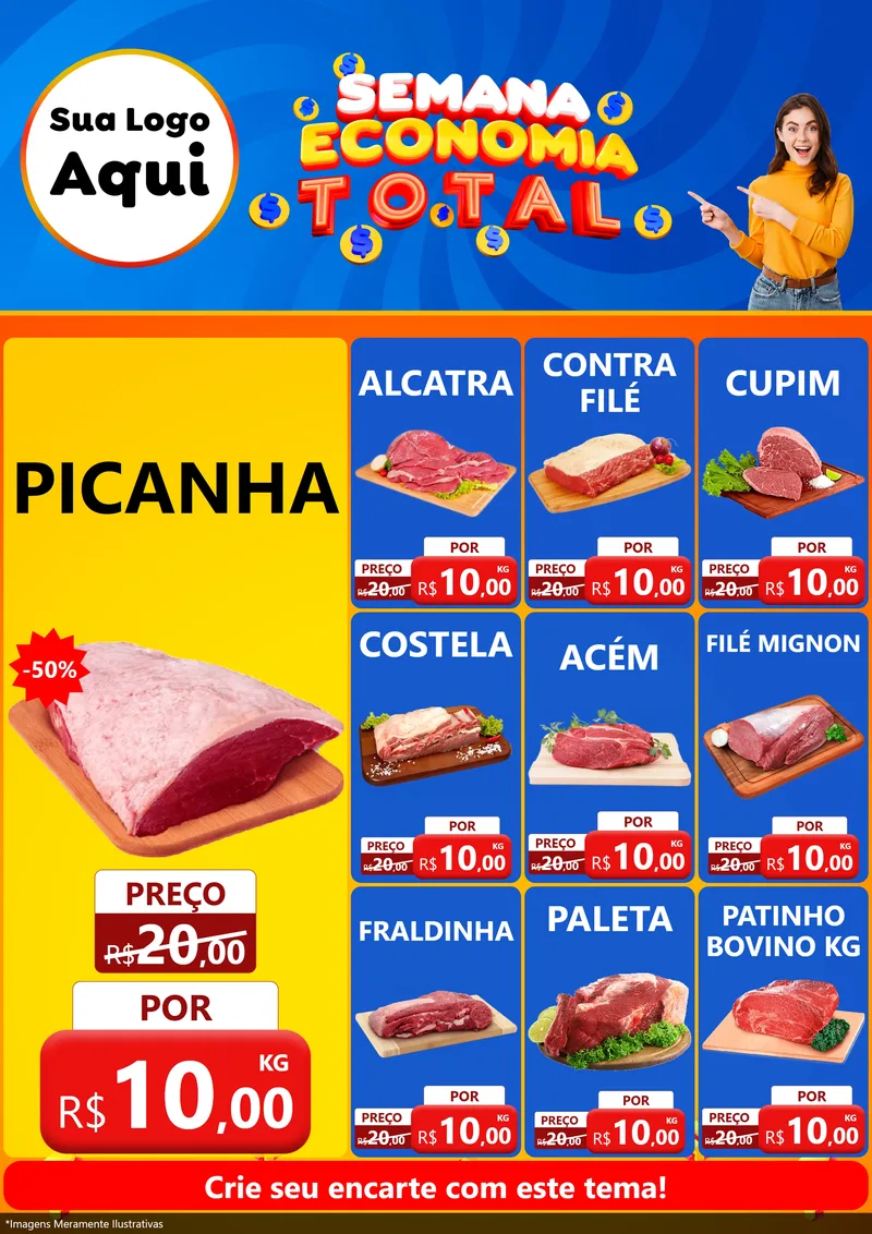 Modelo de Encarte para Encarte A4 Vertical com o tema Semana Economia Total para Açougue