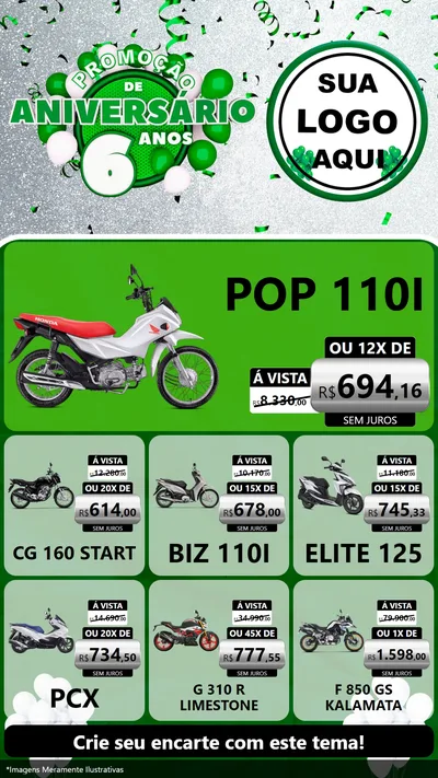 Modelo de Rede Social para Stories com o tema Promoção de Aniversário - 6 Anos para Concessionaria de Motos