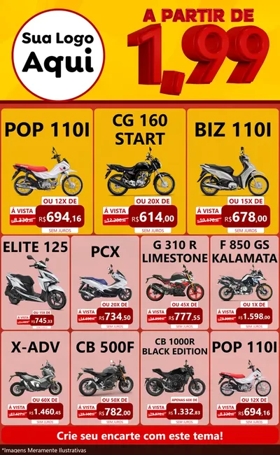 Modelo de Encarte para Encarte Grande com o tema A Partir de Um e Noventa e Nove - 1,99 para Concessionaria de Motos