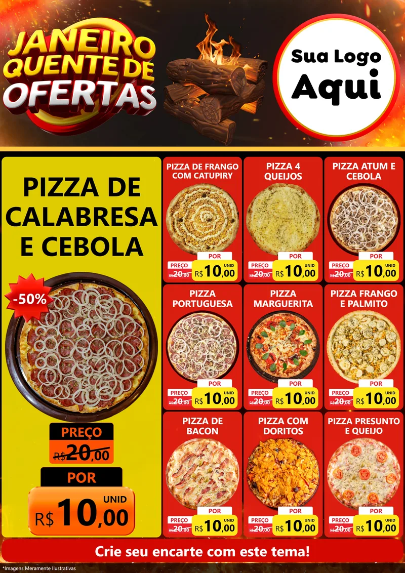 Modelo de Encarte para Encarte A4 Vertical com o tema Janeiro Quente de Ofertas para Pizzaria