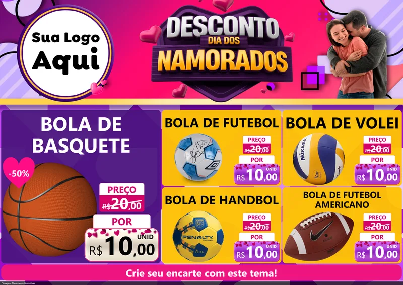 Modelo de Encarte para Encarte A4 Horizontal com o tema Desconto Dia dos Namorados para Artigos Esportivos