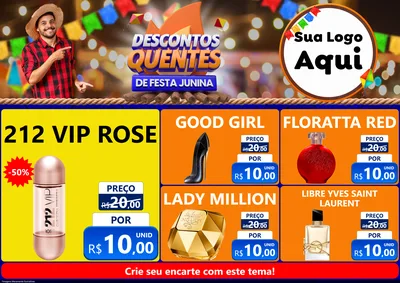 Modelo de Encarte para Encarte A4 Horizontal com o tema Descontos Quentes de Festa Junina para Perfumes