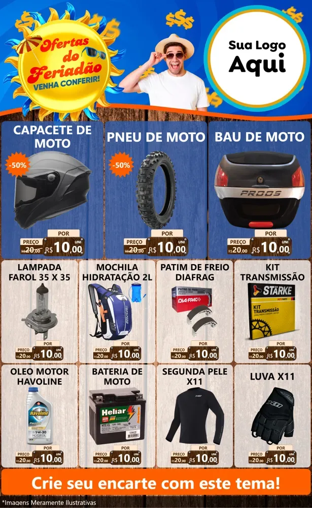 Modelo de Encarte para Encarte Grande com o tema Ofertas do Feriadão para Moto peças