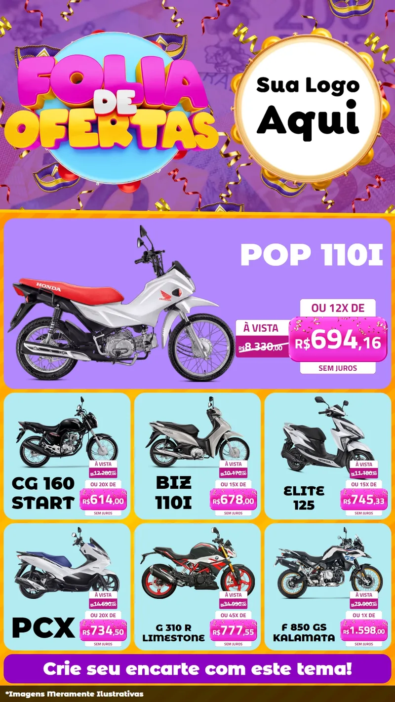 Modelo de Rede Social para Stories com o tema Folia de Ofertas para Concessionaria de Motos