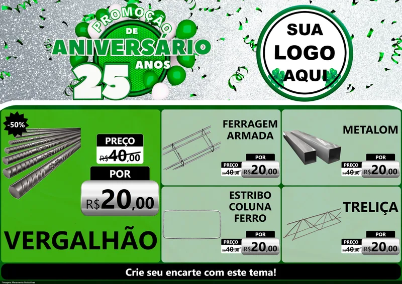 Modelo de Encarte para Encarte A4 Horizontal com o tema Promoção de Aniversário - 25 Anos para Ferragens
