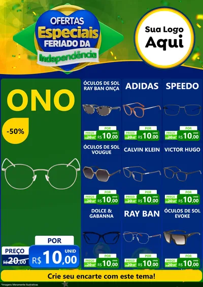 Modelo de Encarte para Encarte A4 Vertical com o tema Ofertas Especiais Feriado da Independência para Óticas