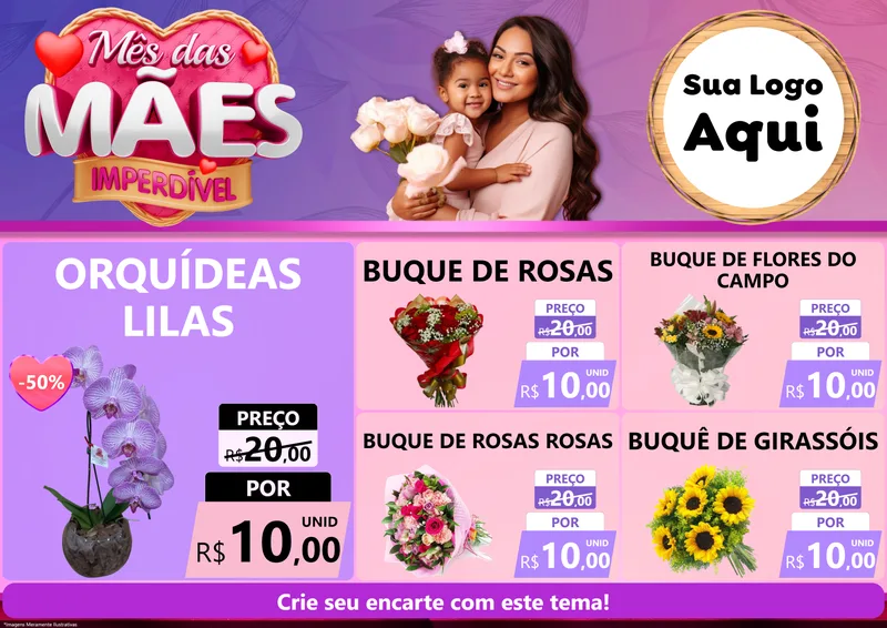 Modelo de Encarte para Encarte A4 Horizontal com o tema Mês das Mães Imperdível para Floricultura e jardim