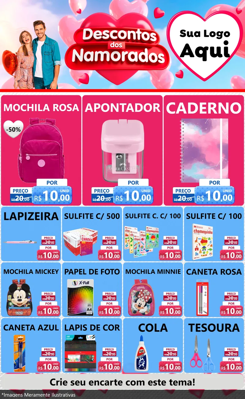 Modelo de Encarte para Encarte Grande com o tema Descontos dos Namorados para Papelaria