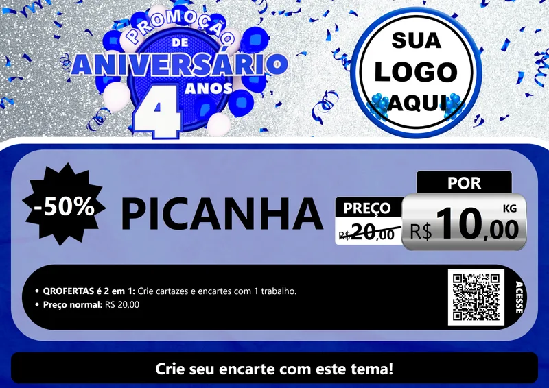 Modelo de Cartaz para Cartaz A4 Horizontal com o tema Promoção de Aniversário - 4 Anos para Açougue