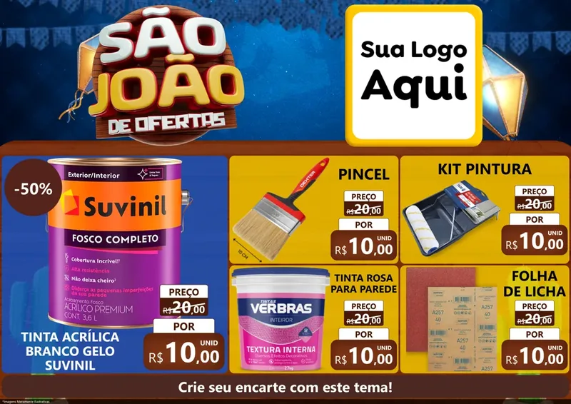 Modelo de Encarte para Encarte A4 Horizontal com o tema São João Ofertas Imbatíveis! - Junina para Tintas e Ferramentas
