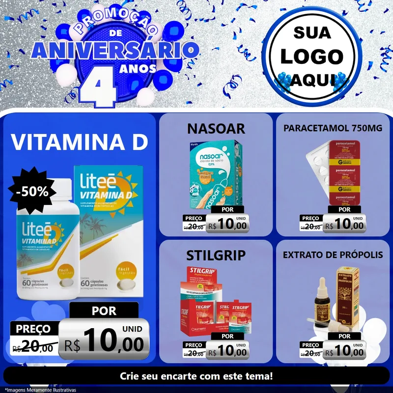 Modelo de Rede Social para Feed Facebook com o tema Promoção de Aniversário - 4 Anos para Farmácia