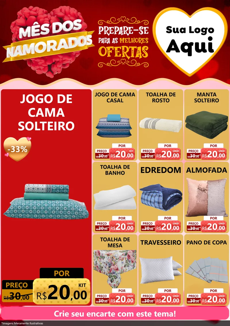 Modelo de Encarte para Encarte A4 Vertical com o tema Mês dos Namorados para Cama, Mesa e Banho