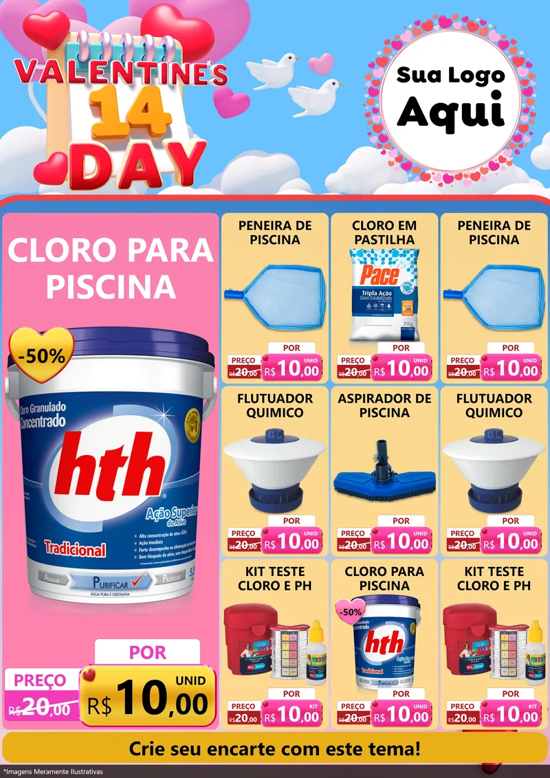 Modelo de Encarte para Encarte A4 Vertical com o tema Valentine's Day para Produtos para Piscina
