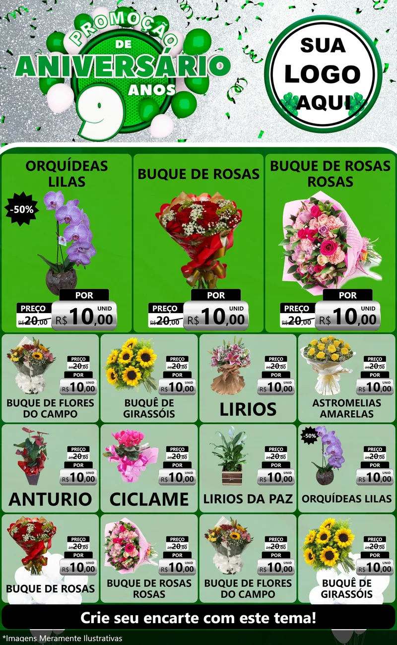 Modelo de Encarte para Encarte Grande com o tema Promoção de Aniversário - 9 Anos para Floricultura e jardim