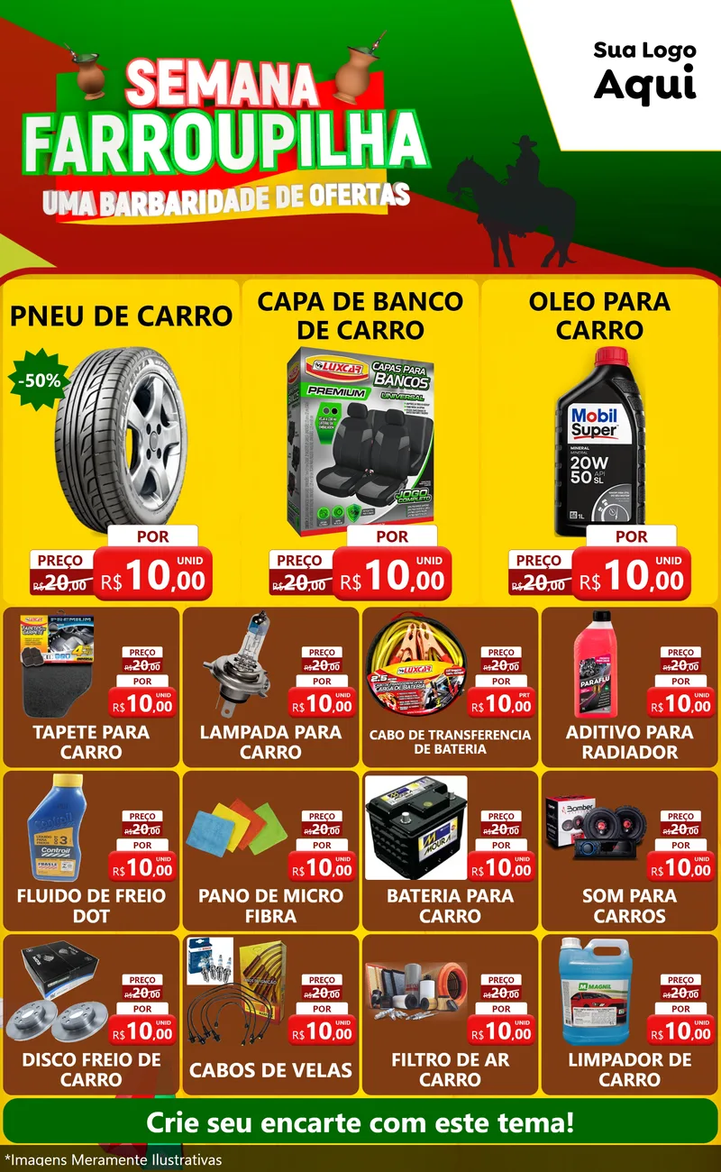 Modelo de Encarte para Encarte Grande com o tema Semana Farroupilha - Uma Barbaridade de Ofertas para Auto peças